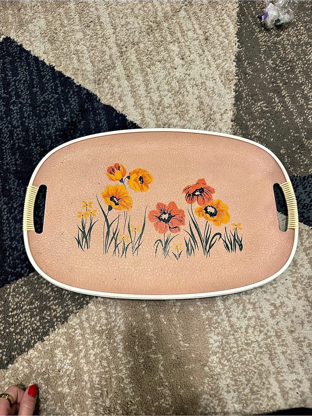 Vintage 70s Serving Tray MCM Poppy Orange Snack Bar Platter Handle